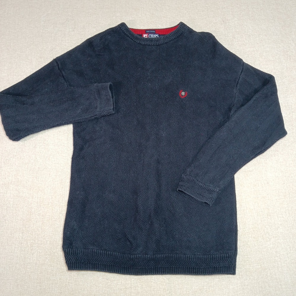 VTG Chaps Ralph Lauren Mens M Navy Blue Herringbone Cotton Sweater Preppy Crest